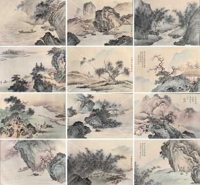 陈少梅 山水人物  （四挂屏12张） 四屏